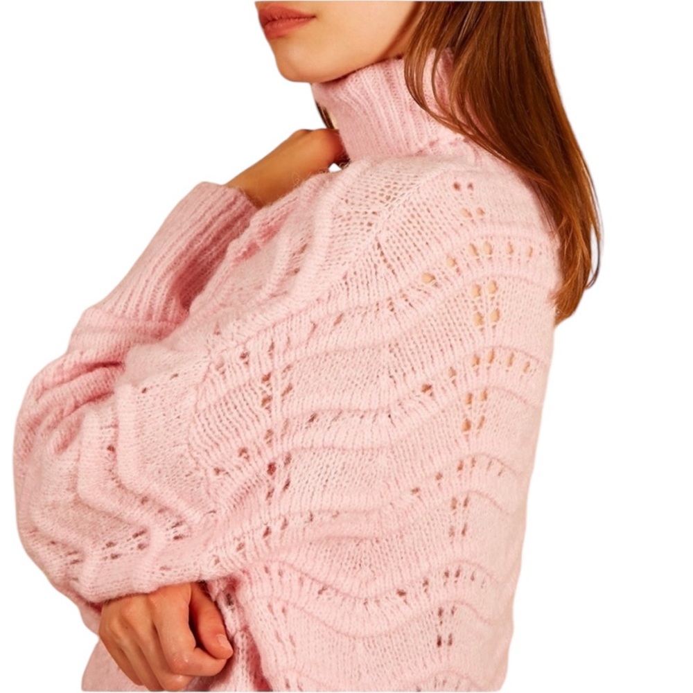 NWT FRNCH S/M Sweater Light Pink Turtleneck Oversized Open Knit Balloon Sleeve - Picture 8 of 8